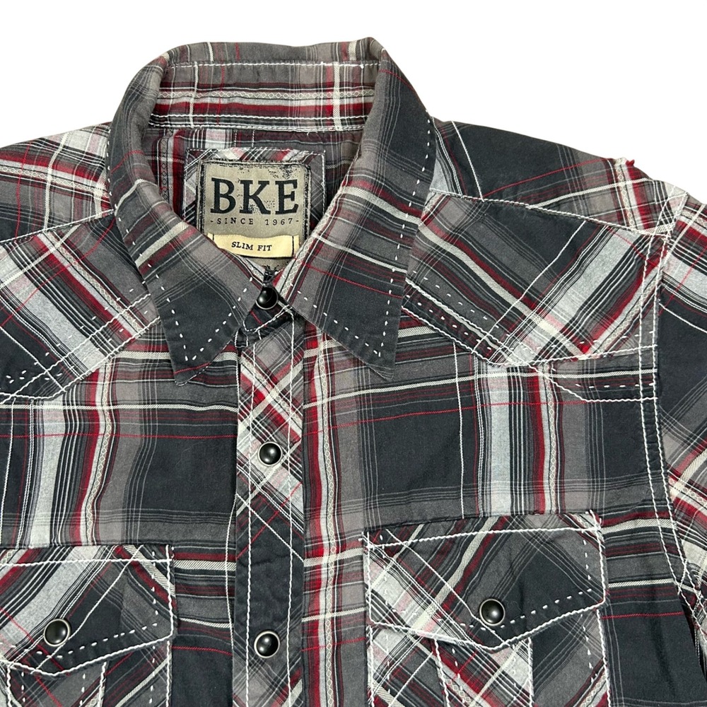 BKE Western Pearl Snap Plaid Shirt Short Sleeve Gray Red Men's Small Slim Fit